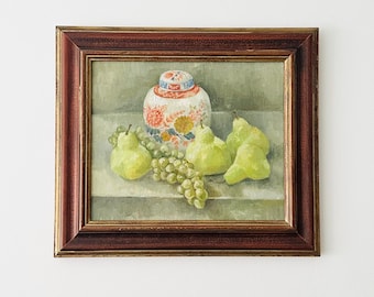 ヴィンテージの静物画、素朴な水差しのキッチン装飾、額入りの花の油絵