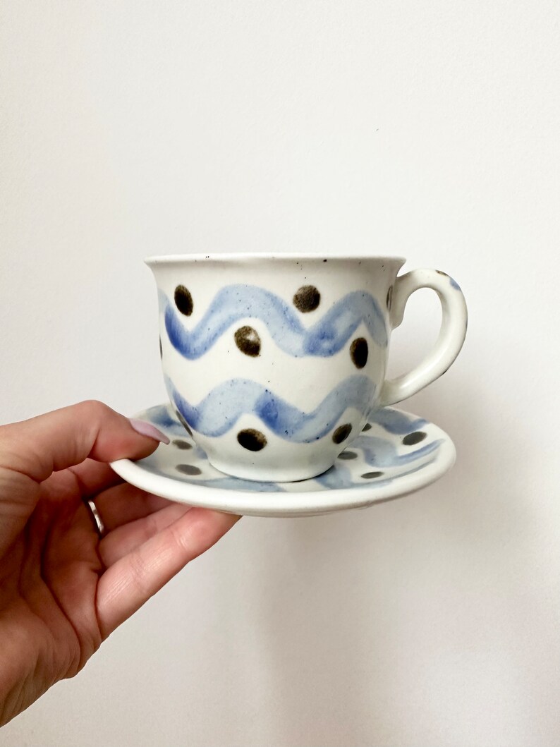 Handmade Pottery Teacup And Saucer, Abstract Motif Cup image 3