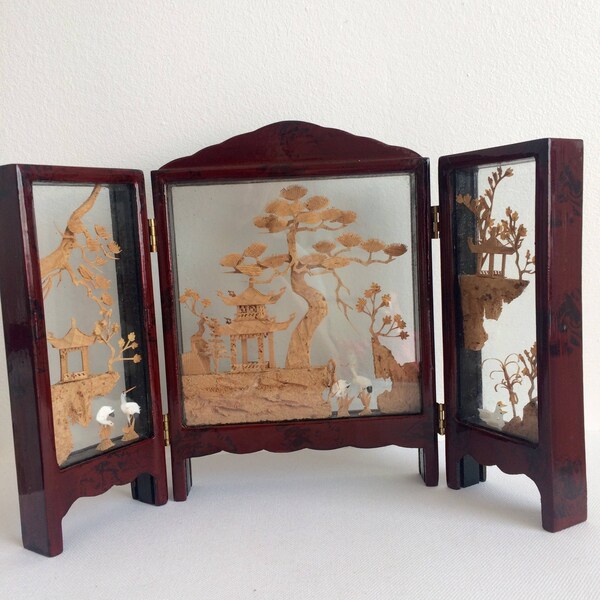 Schöne chinesische Kork Diorama in 3 Glasrahmen