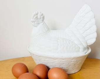 Vintage White Milk Glass Hen on Nest,  Egg Holder Chicken on Neat, 1960s, Cottage and Farmhouse Decor