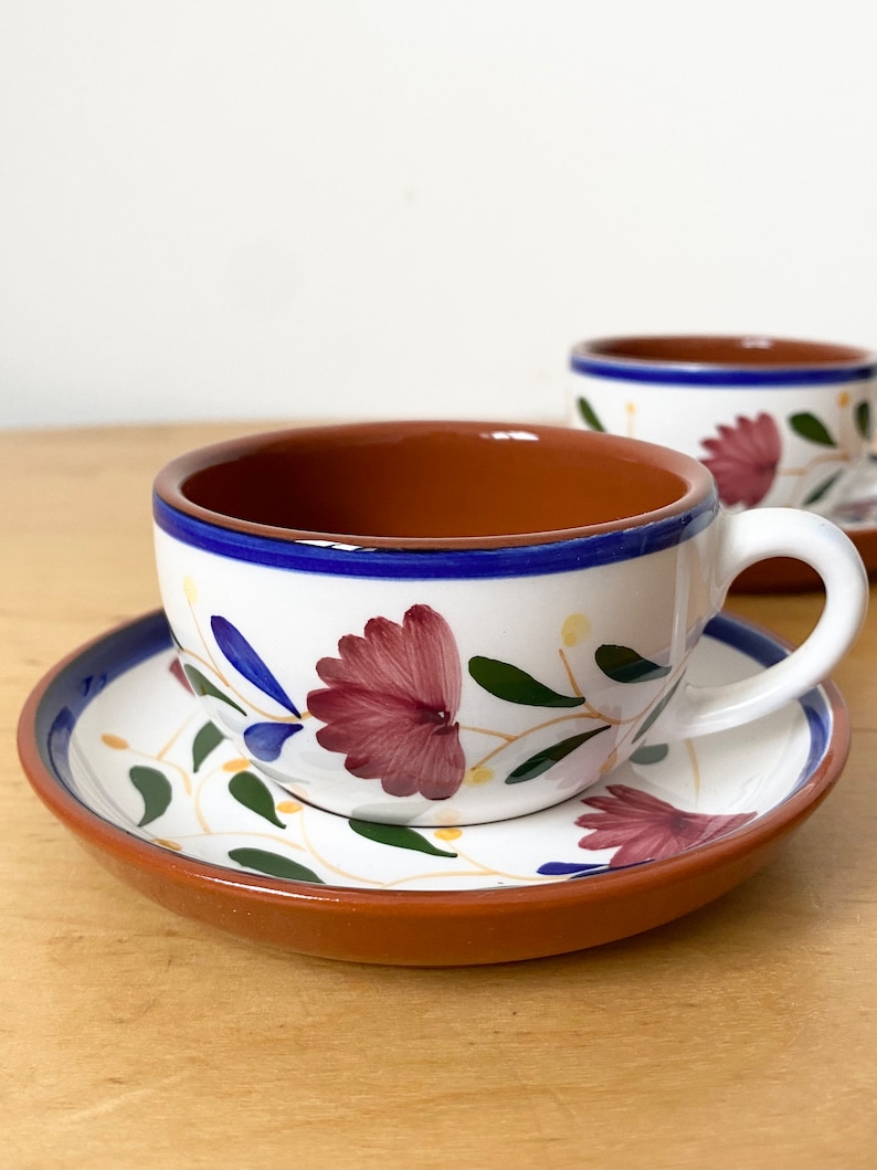 Terracotta Tasse A Cafe, Coffee Cups, Espresso Cups and Saucers, Hand-painted Coffee Cups, Set of 2 Cups image 7