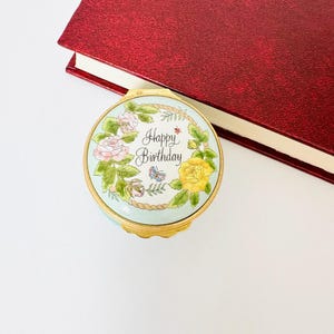 Happy Birthday Bilston & Battersea Halcyon Days Enamel Box, Ring Box, Pill Box, Snuff Box