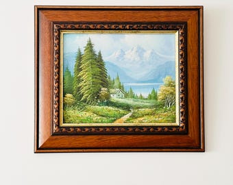 ヴィンテージ M.スコット オリジナル 額入り キャンバス 油絵 山 川