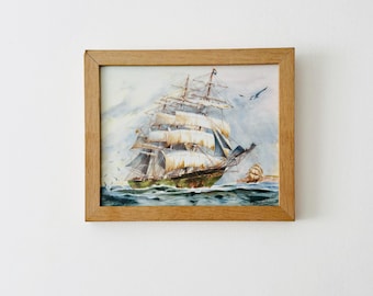 Cuadro de cerámica vintage pintado a mano con marco, diseño de barco, decoración náutica para el hogar.