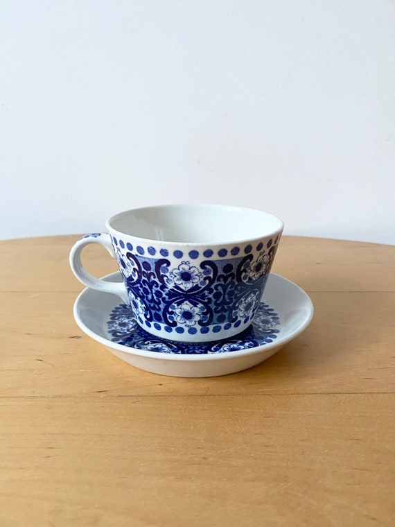 Rare Arabia Finland Blue and White Cup and Saucer, Hand-painted