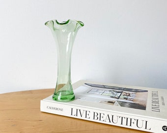 Vintage Ruffled Glass Vase, Green Glass Vase, Small Vase