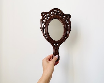 Miroir de vanité en bois sculpté à la main, miroir à main, cadeau pour elle