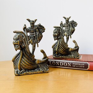 Rare Pair Vintage Brass Bookends, Norseman, Viking, Nautical Home