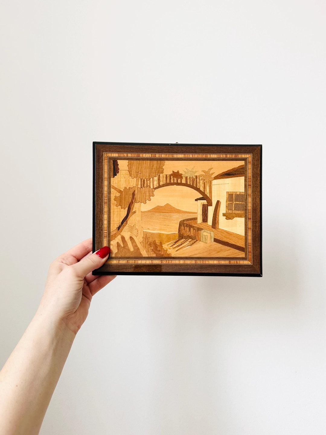 Inlaid Wood Marquetry Picture, Italian Art, Vintage Wooden Picture