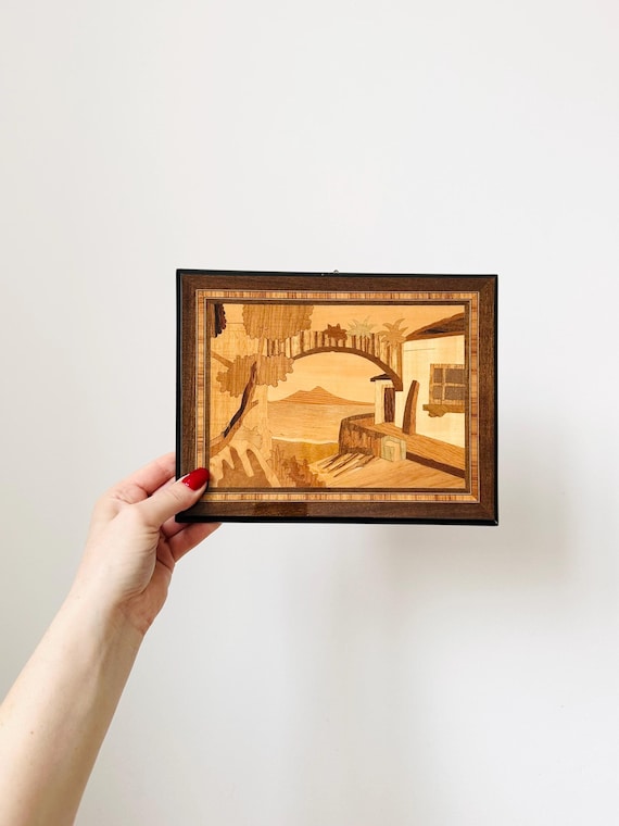 Inlaid Wood Marquetry Picture, Italian Art, Vintage Wooden Picture