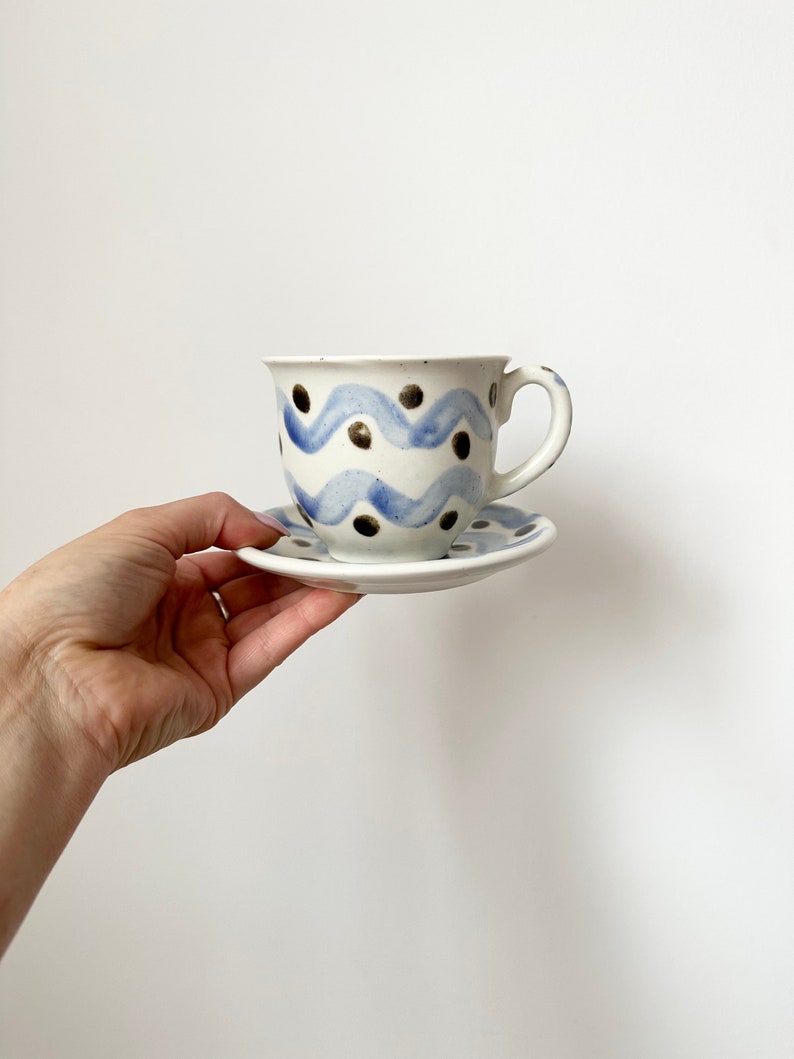 Handmade Pottery Teacup And Saucer, Abstract Motif Cup image 1