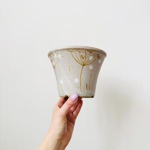 May include: A beige ceramic planter with a flared shape. The planter is decorated with a delicate pattern of brown stems and white dots. The rim features a similar design. The planter is held against a white background.