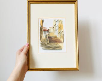 Original Abstract Watercolour Painting, Street In Prague, Mounted And Framed Painting