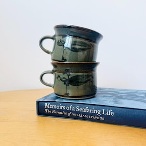 Puede incluir: Dos tazas de cerámica apiladas con asas, en tonos verdes y marrones, con un diseño floral. Las tazas descansan sobre un libro azul titulado "Memoirs of a Seafaring Life". Las tazas tienen un aspecto rústico y hecho a mano.