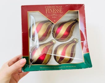 Vintage Glass Baubles, Set of 4 Hand-painted Glass Christmas Tree Ornaments, Red And Gold Baubles