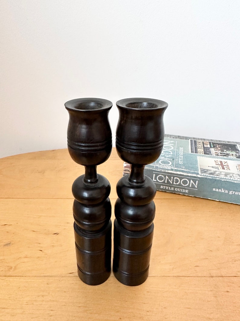Pair of Vintage Wooden Candlestick Holders image 4
