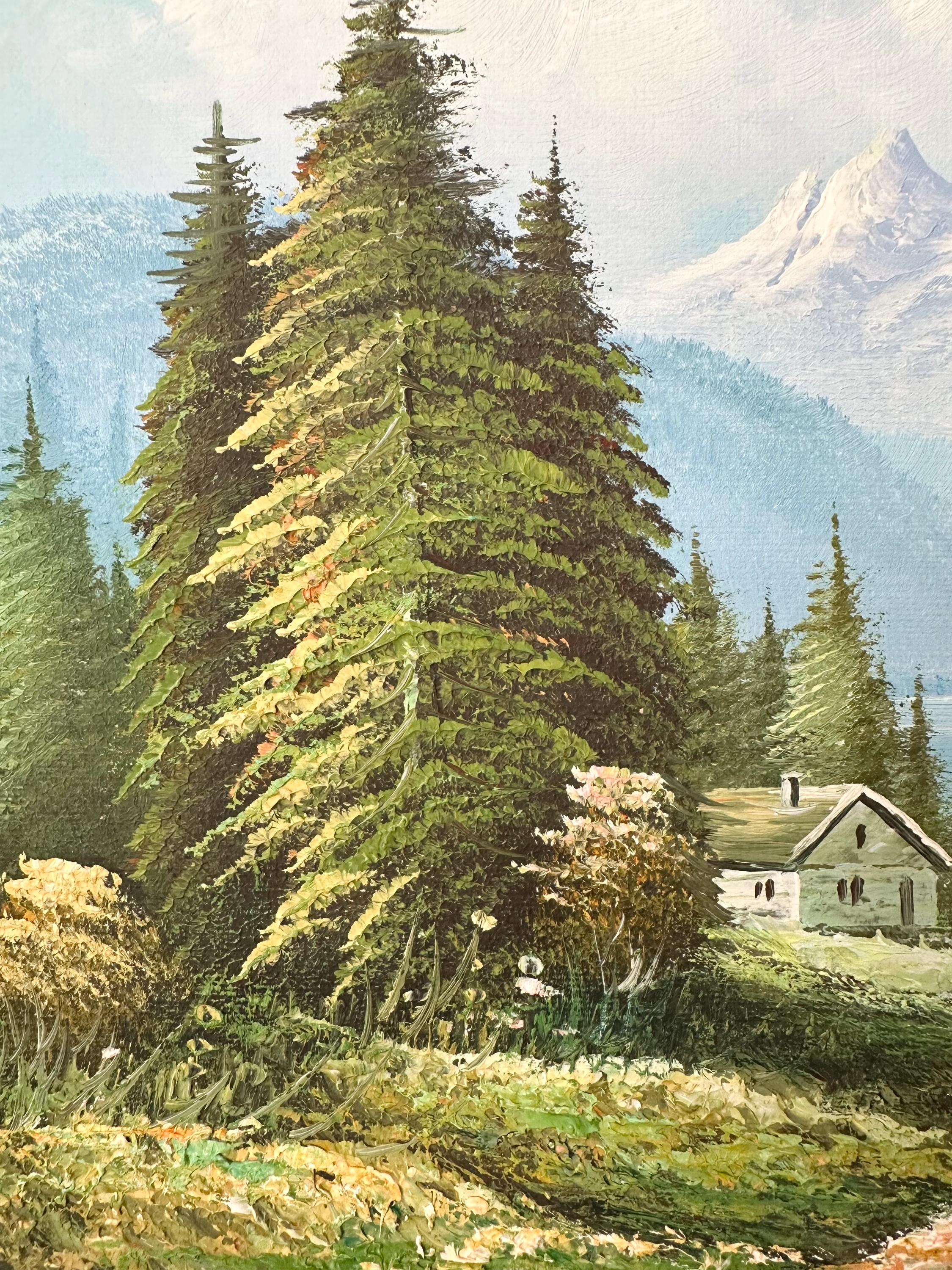 ヴィンテージ油絵、W.チャップマン作キャンバス油絵、山の風景画