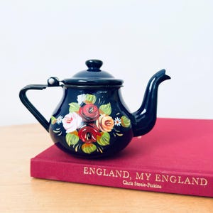 Könnte beinhalten: Eine dunkelmarineblaue Emaille-Teekanne mit einem handgemalten Blumenmuster aus roten, rosafarbenen und orangefarbenen Rosen, umgeben von grünen Blättern. Die Teekanne hat einen passenden Deckel mit einem kleinen Knauf sowie einen geschwungenen Griff und Ausguss.