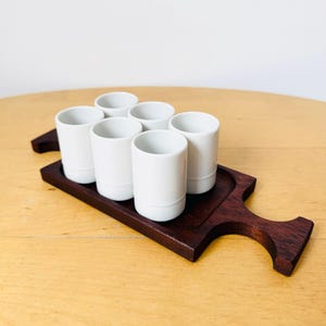 Vintage Set of 6 Porcelain Sake Cups On Wooden Board