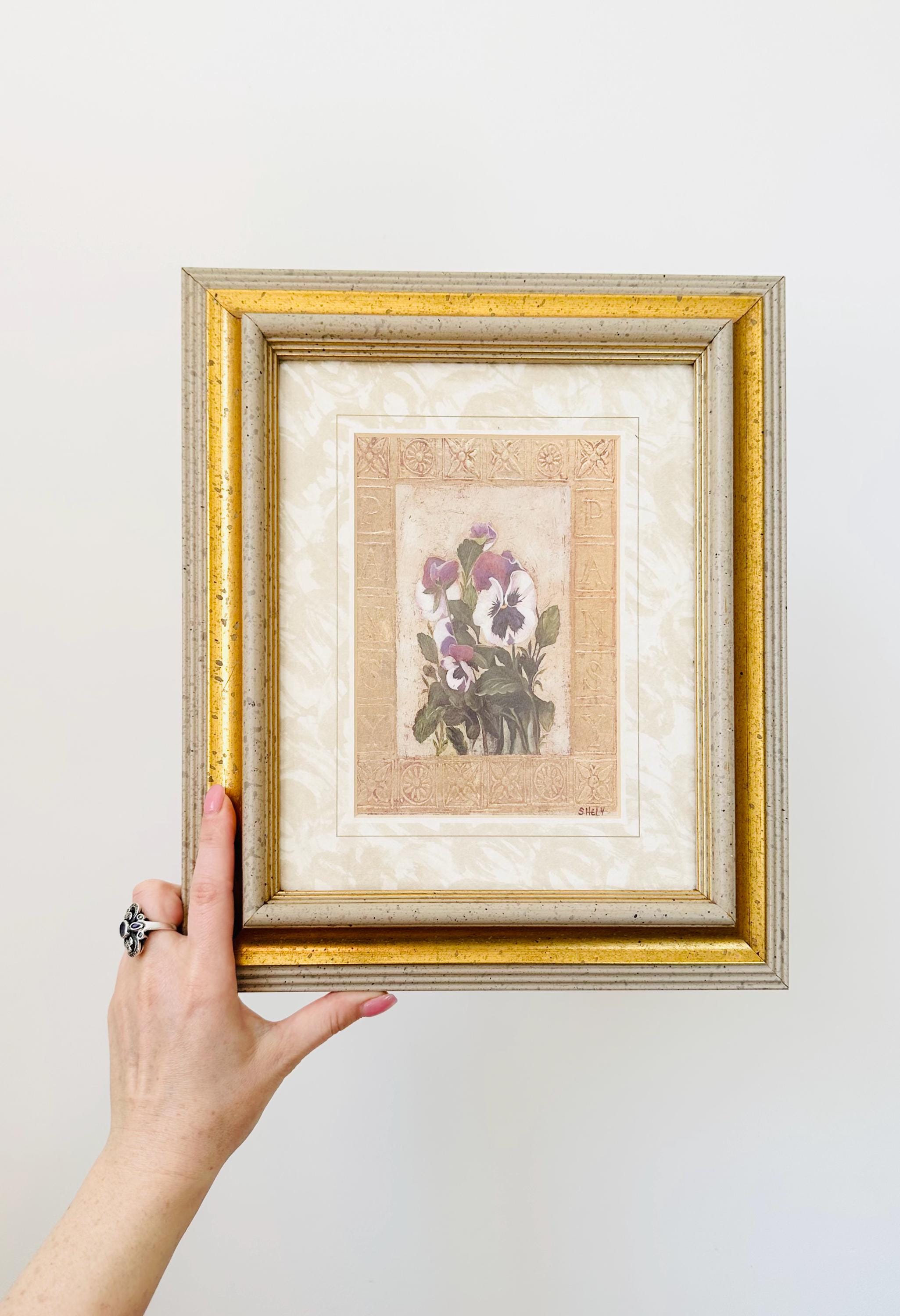 Shirley Felts シャーリーフェルツ 額縁 インテリア アート Vintage Framed Floral Print, Shelley Hely Pansy Framed Print, Gold