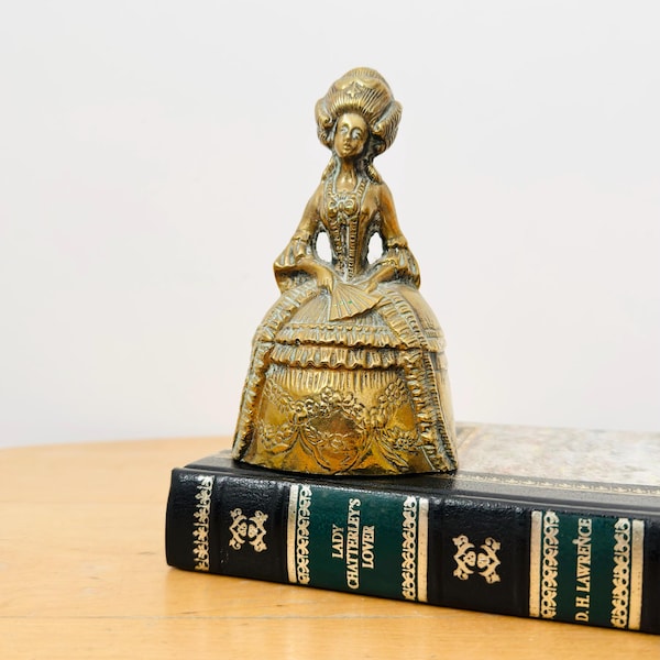 Large Vintage Brass Hand Bell, Lady Bell Figurine, Marie Antoinette, Dinner Bell, Brass Ornament