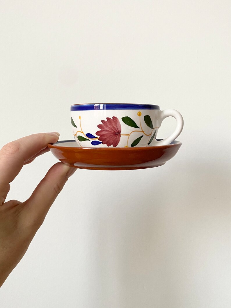 Terracotta Tasse A Cafe, Coffee Cups, Espresso Cups and Saucers, Hand-painted Coffee Cups, Set of 2 Cups image 10