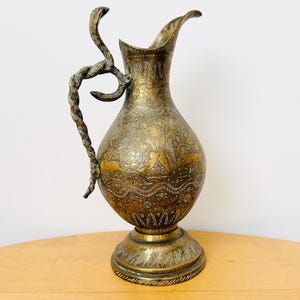 Antique Persian Engraved Brass Jug, Snake Shaped Handle, 19th Century Ornate Brass Jug