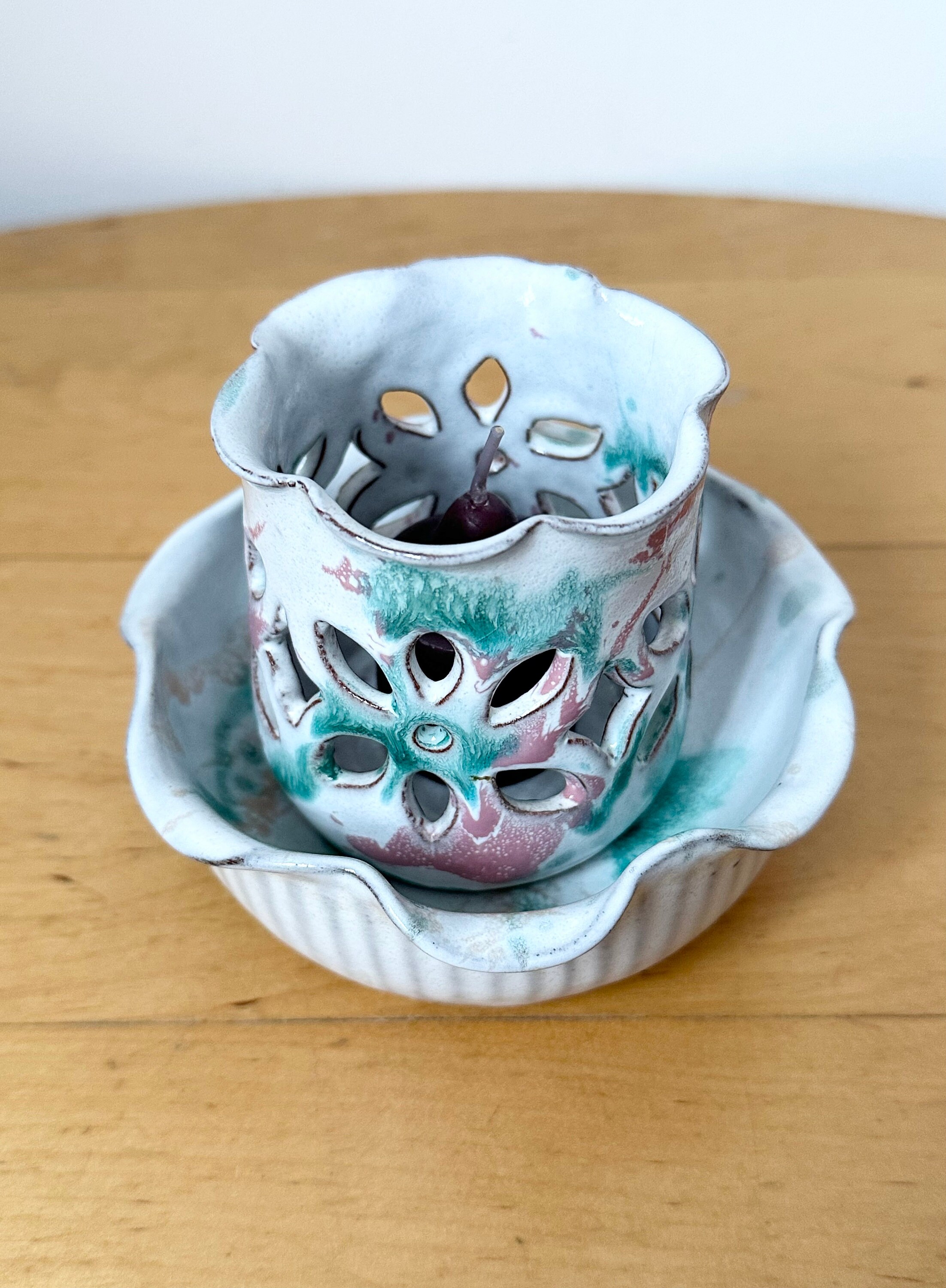 陶器キャンドルホルダー（ハンドメイド） 手作り陶器キャンドルホルダー ボウル付き、ストーンウェアティー