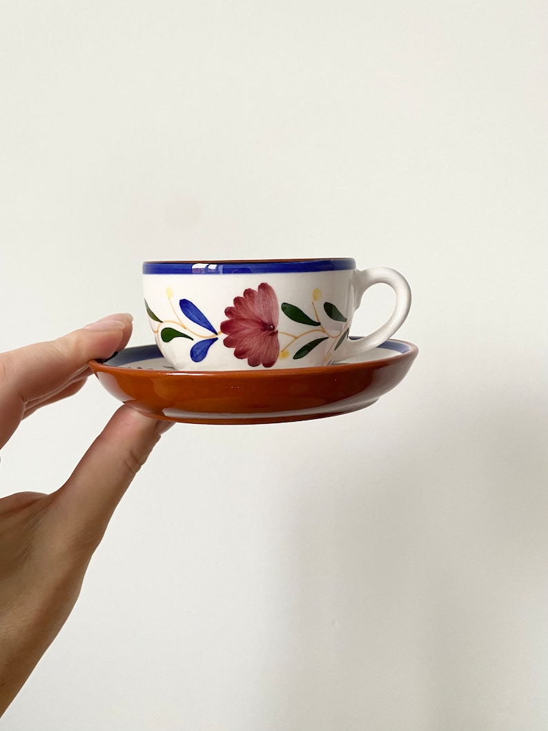Terracotta Tasse A Cafe, Coffee Cups, Espresso Cups and Saucers, Hand-painted Coffee Cups, Set of 2 Cups image 2