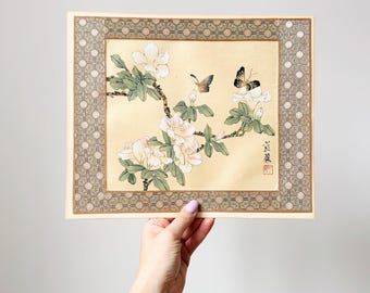 Pintura de seda japonesa sin marco: mariposas y flores de cerezo, pintura botánica, arte oriental