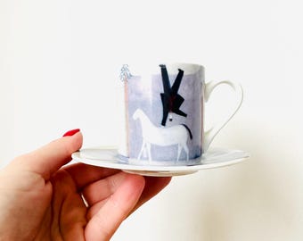 Rare Vintage Annora Spence "Horse Porcelain Espresso Coffee Cup and Saucer