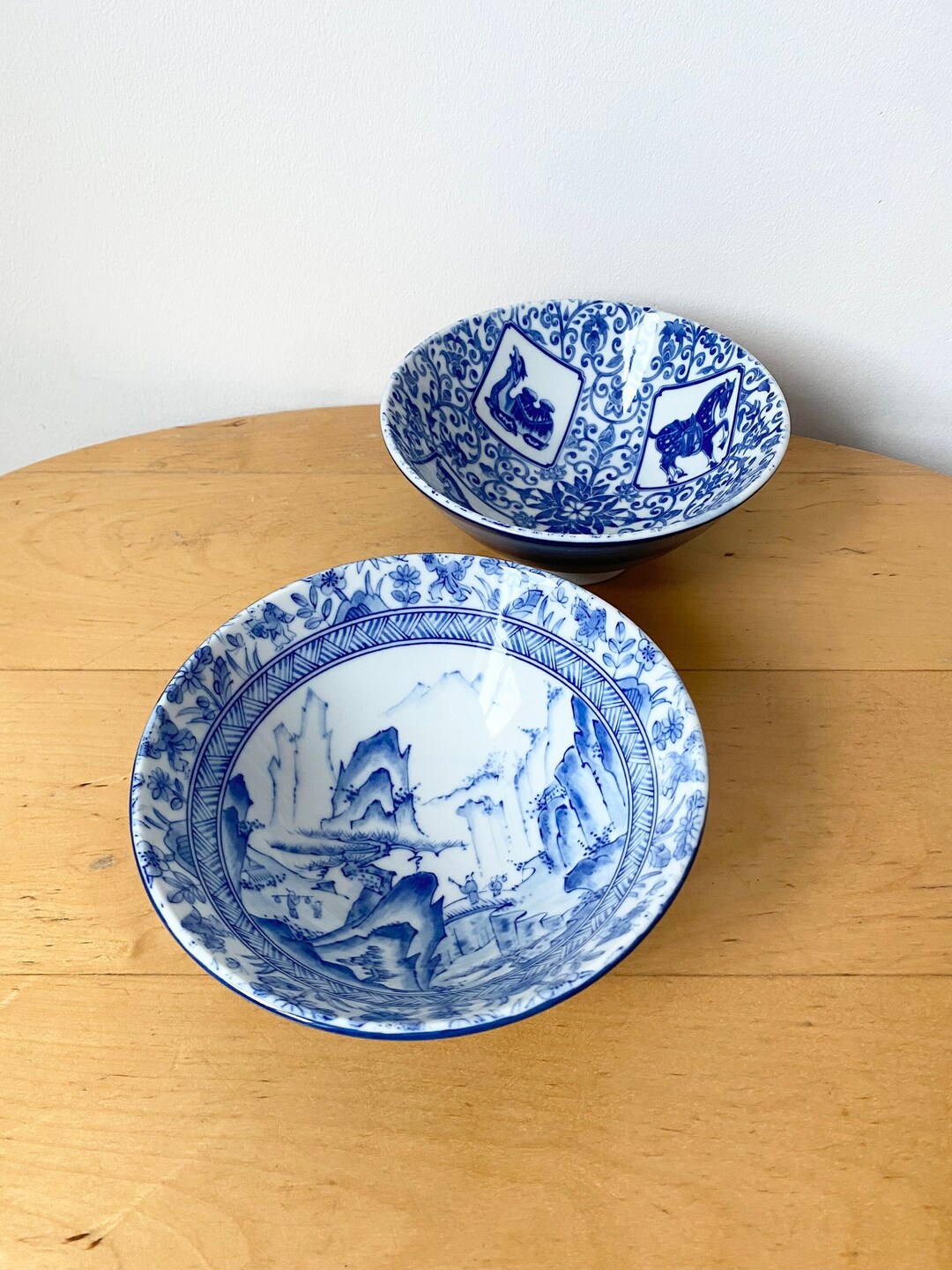 Vintage Porcelain Round Rice Bowls, Blue and White Porcelain Bowls, Set