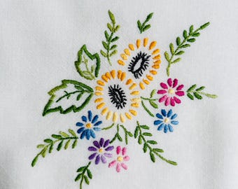 ヴィンテージ手刺繍花柄テーブルクロス、コテージコアリネン（88 x 76