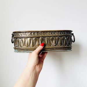 Antique Jardinière planter, Embossed brass oval plant, Rustic planter