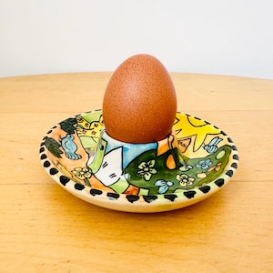Pair Of Vintage Art Pottery Hand Painted Egg Cup Holders, Made in Zimbabwe, Animal Motif Egg Holders