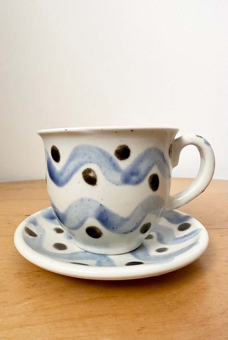 Handmade Pottery Teacup And Saucer, Abstract Motif Cup image 2