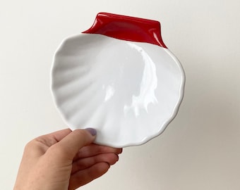 Emile Henry Scallop Shell Shaped Ceramic  Dish, White And Red French Dish