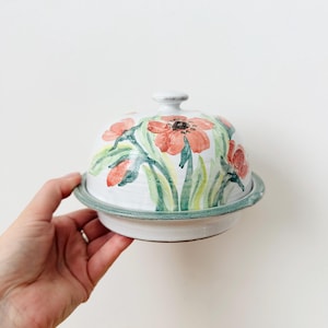 Vintage Studio Pottery Butter Dome With Lid, Kate Weaver Pottery Glazed With Poppies