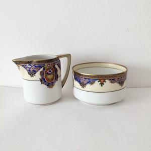 Japanese porcelain milk jug and sugar bowl, Hand-painted serving set