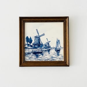 Framed Dutch Delft Tile, Hall Hanging, Decorative Delftware, Blue and White Ceramic Wall Plaque, Windmill Picture