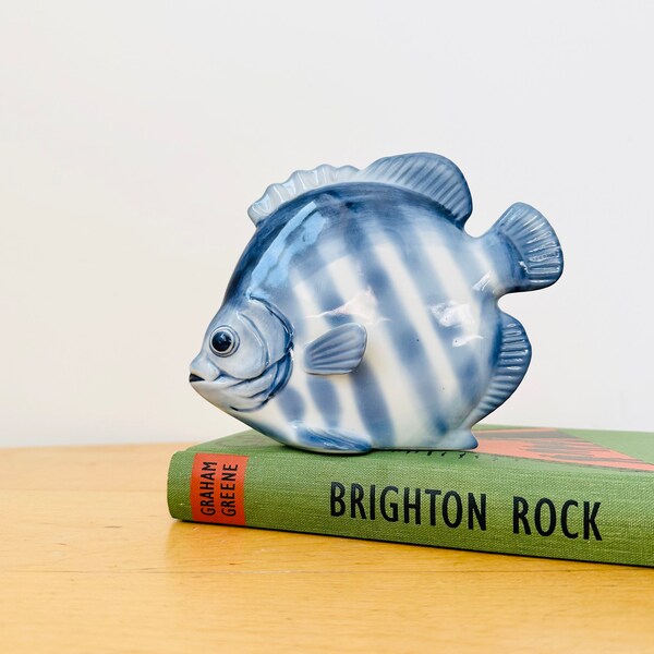Vintage Fish Ornament, Fish Sculpture, Blue And White Fish, Bathroom Decor, Coastal Home Decor, Fish Figurine
