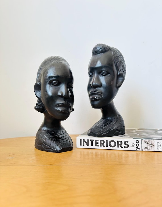 木彫り 黒人頭部置物 約18cm オブジェ Art African Hand Carved Wooden Heads of Woman and Man, Triable Art