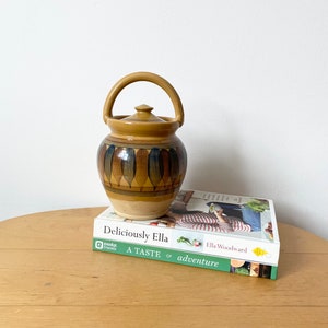 Puede incluir: Un tarro de cerámica marrón con tapa y asa. El tarro tiene un diseño de hojas azules y marrones. El tarro está encima de un libro titulado "Deliciously Ella: A Taste of Adventure" de Ella Woodward.