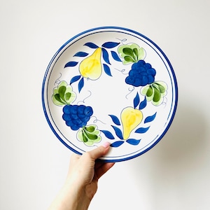Könnte beinhalten: Weiße Keramikplatte mit blauem Rand und handgemaltem Obstdesign. Das Design umfasst gelbe Birnen, blaue Trauben und grüne Blätter. Die Platte wird von einer Person gehalten.