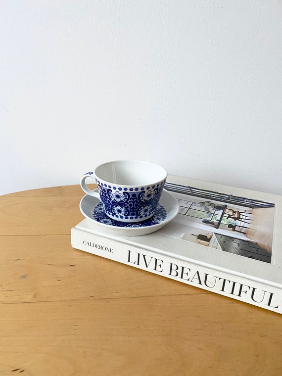 Rare Arabia Finland Blue and White Cup and Saucer, Hand-painted