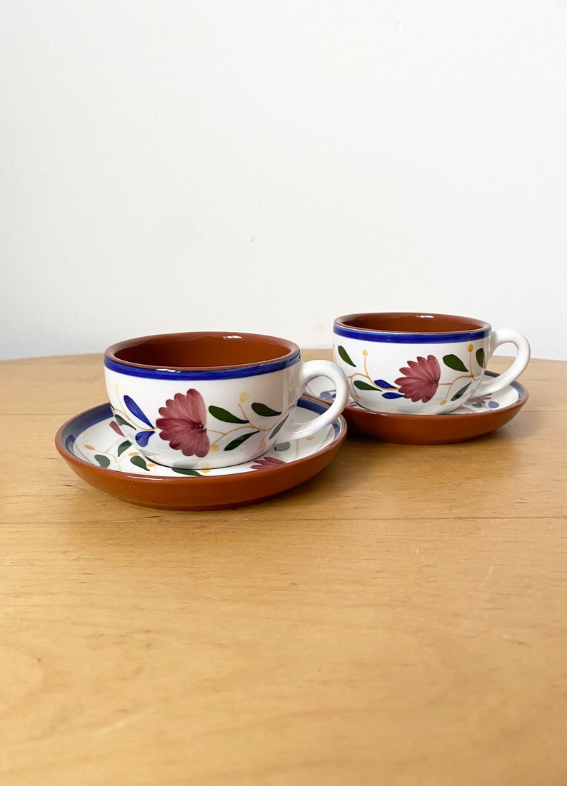 Terracotta Tasse A Cafe, Coffee Cups, Espresso Cups and Saucers, Hand-painted Coffee Cups, Set of 2 Cups image 1