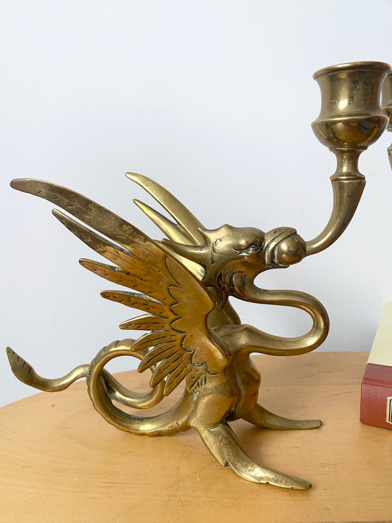 Antique Brass Dragon Candle Holders Pair of Phoenix Candle Etsy
