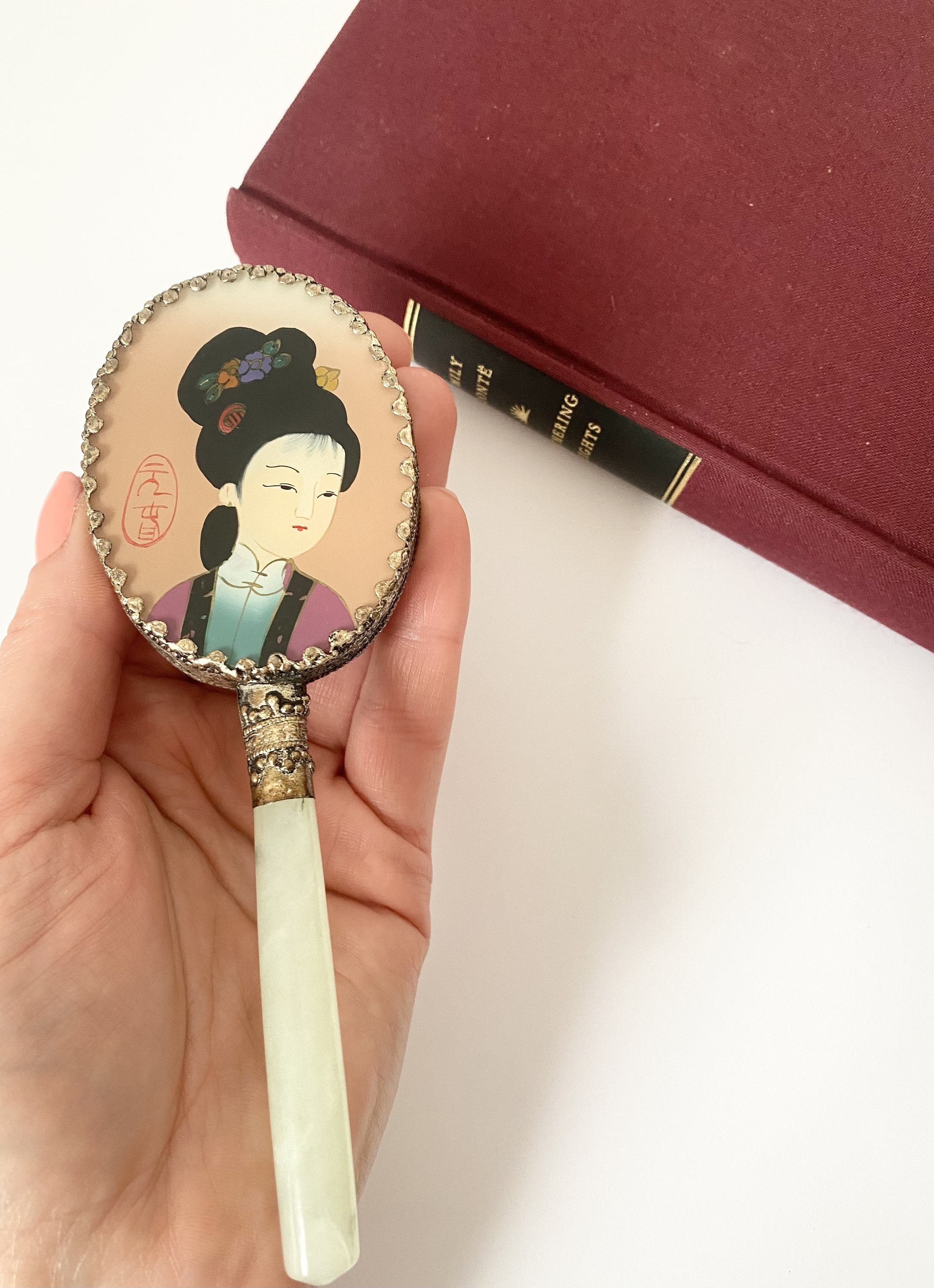 翡翠のハンドルが付いた小さな中国製の鏡、手鏡、小さな化粧鏡、彼女へ 翡翠のハンドルが付いた小さな中国製の鏡、手鏡、小さな化粧鏡、彼女へ