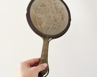 Specchio antico ricamato, specchio da toeletta, manico in filigrana di metallo decorato, regalo per lei