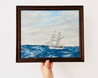 Vintage Oil Painting, Sailing Boat, Seascape, Nautical Home, Landscape, Original Signed Art, Framed Painting, Coastal house decor